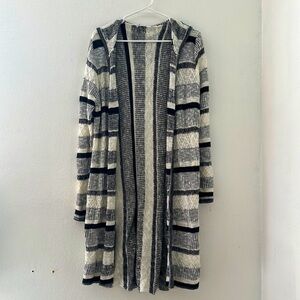 Long black & white striped cardigan with hood Size Medium